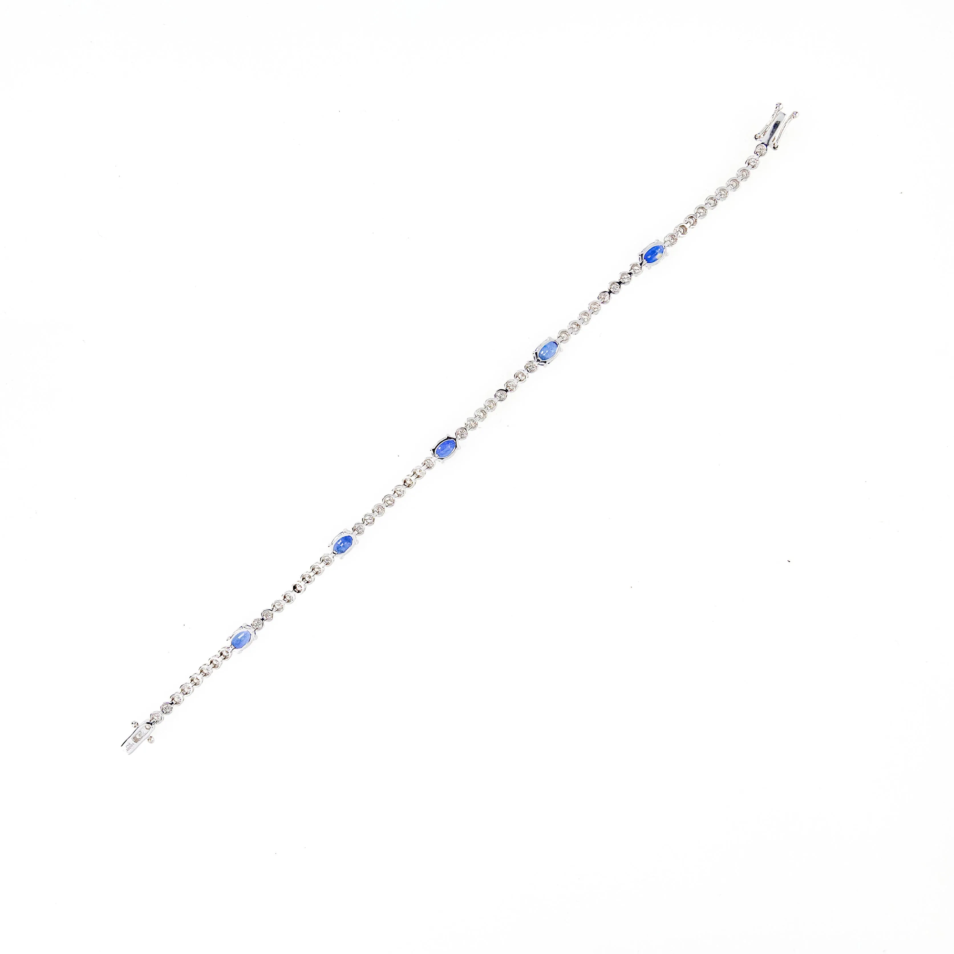 14K White Gold Oval Natural Sapphire Diamond Tennis Bracelet
