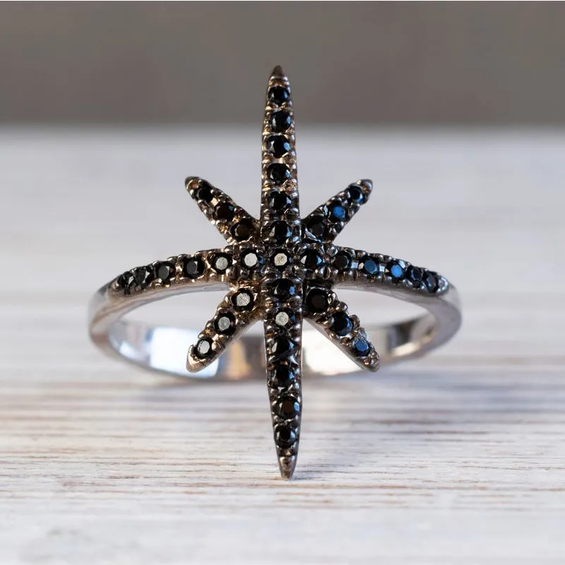 14K White Gold Star Black Cubic Zirconia 1.2mm Ring