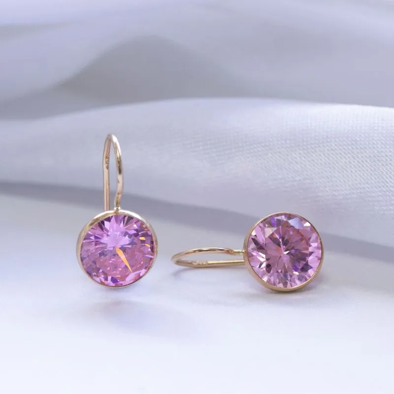 14K Yellow Gold Round Pink Cubic Zirconia 8mm Dangle Earrings