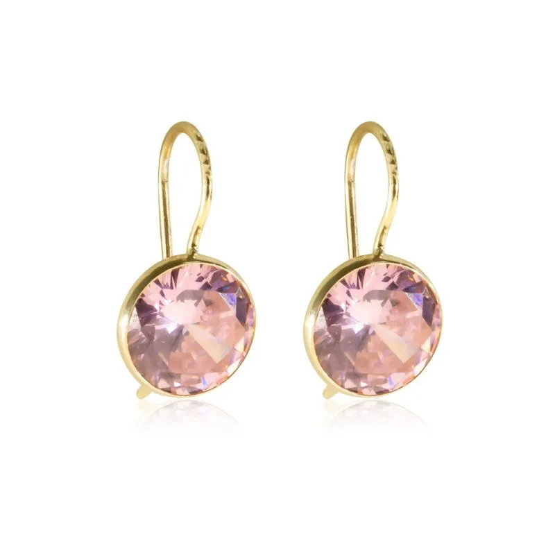 14K Yellow Gold Round Pink Cubic Zirconia 8mm Dangle Earrings