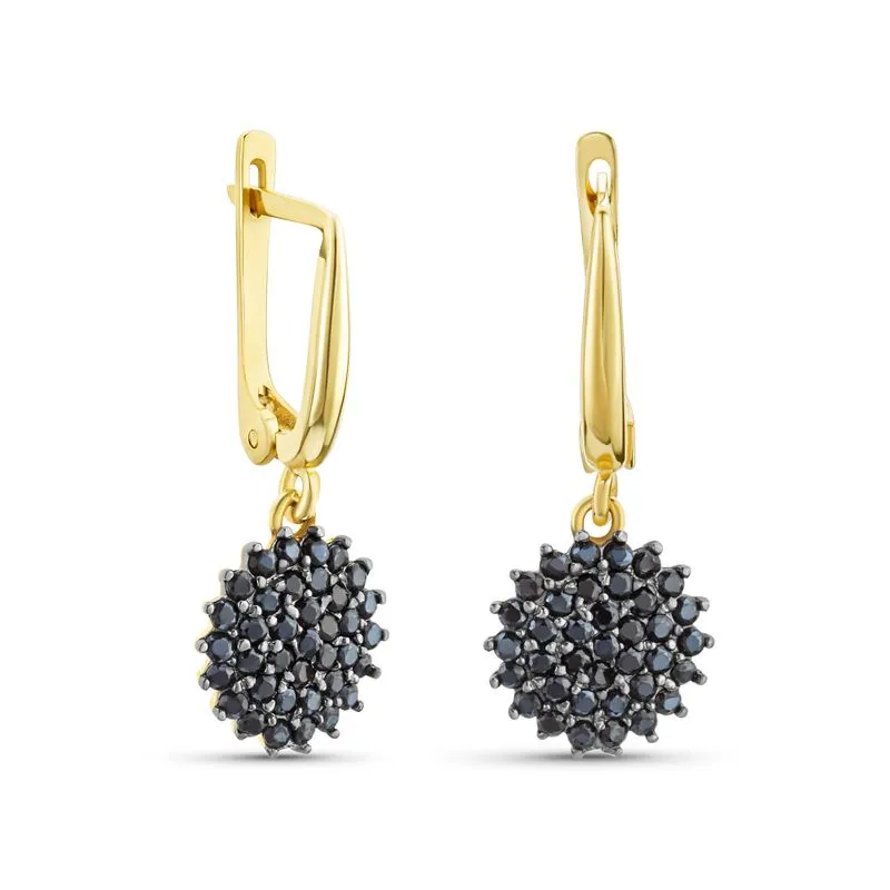 14K Yellow Gold Spiny Black Cubic Zirconia 1.5mm Dangle Earrings