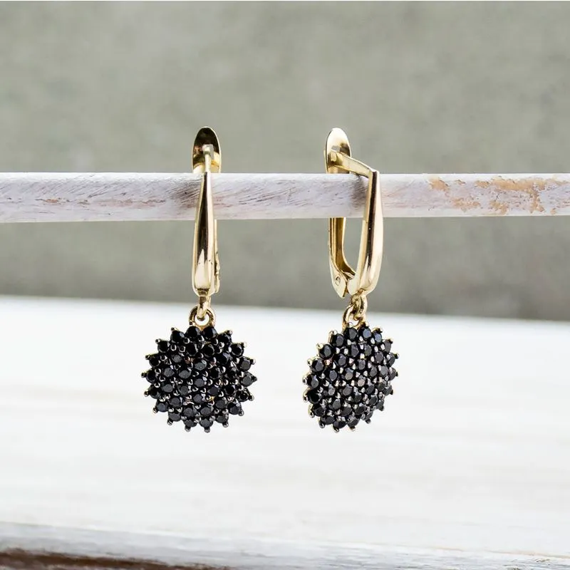 14K Yellow Gold Spiny Black Cubic Zirconia 1.5mm Dangle Earrings