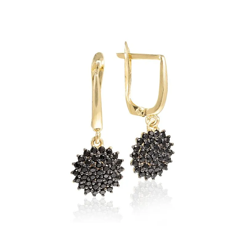 14K Yellow Gold Spiny Black Cubic Zirconia 1.5mm Dangle Earrings