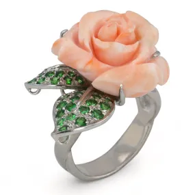 18K White Gold Rose handcrafted Ring with Tsavorite and Pink coral Coral - 339223