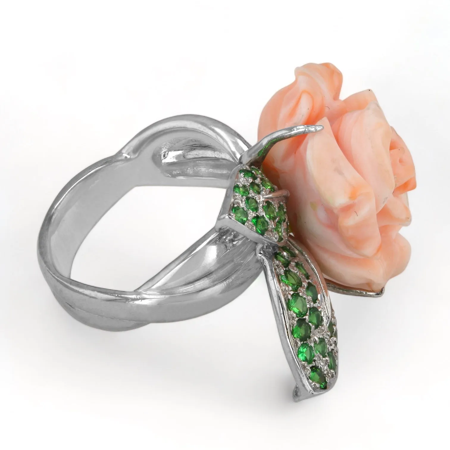 18K White Gold Rose handcrafted Ring with Tsavorite and Pink coral Coral - 339223