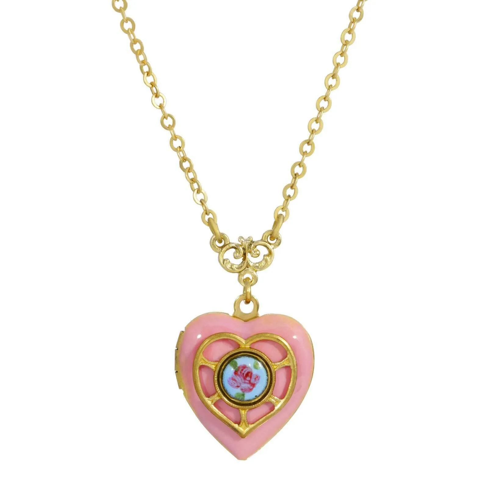 1928 Jewelry Heart Picture Locket Pink Rose Necklace 16 + 3 Extender