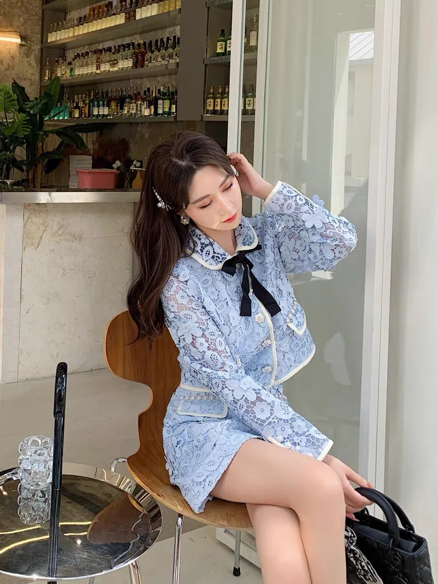 2023 new autumn clothing Xiaoxiang celebrity style pearl lace short top cardigan jacket half skirt two-piece suit (S168)