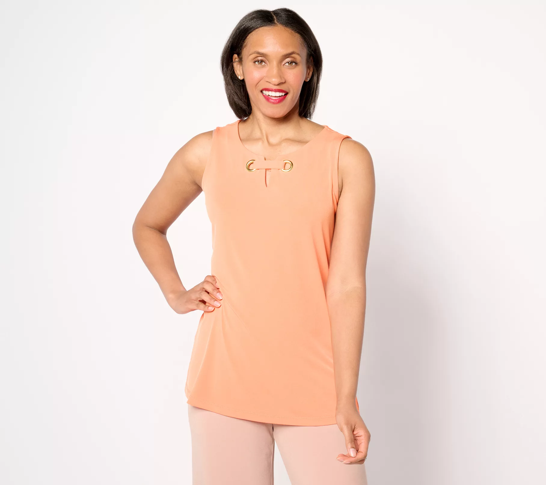 "As Is" Susan Graver Liquid Knit Sleeveless A-Line Top w/ Grommet Detail