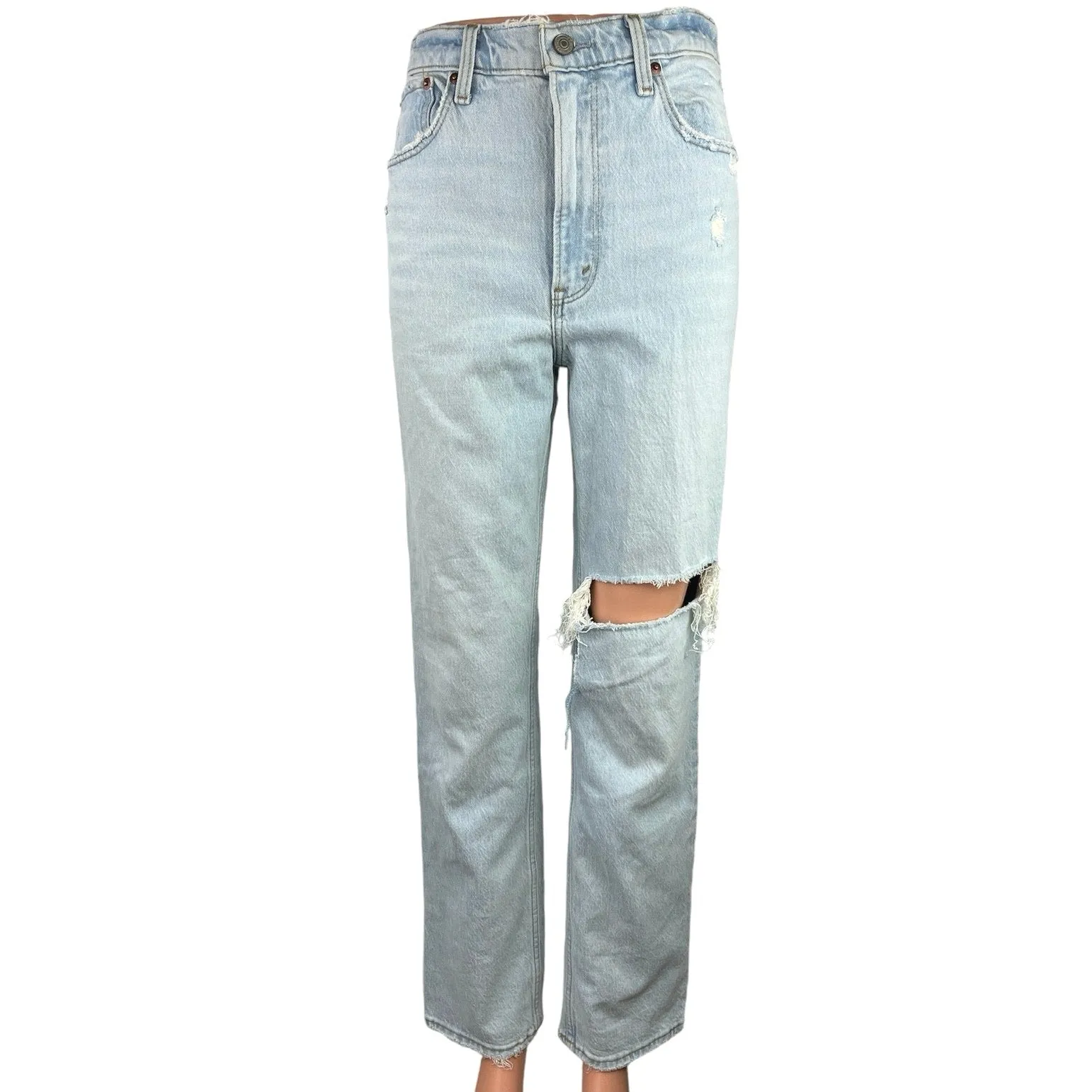 Abercrombie & Fitch The 90s Blue Denim Ultra High Rise Ripped Straight Jeans 2