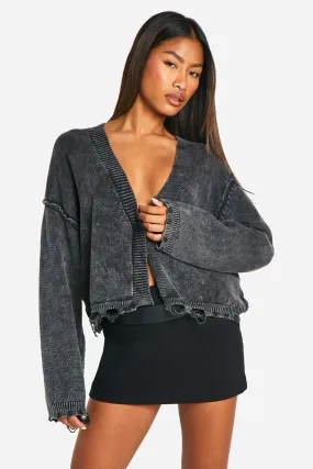 Acid Wash Distressed Hem Slouchy Crop Cardigan