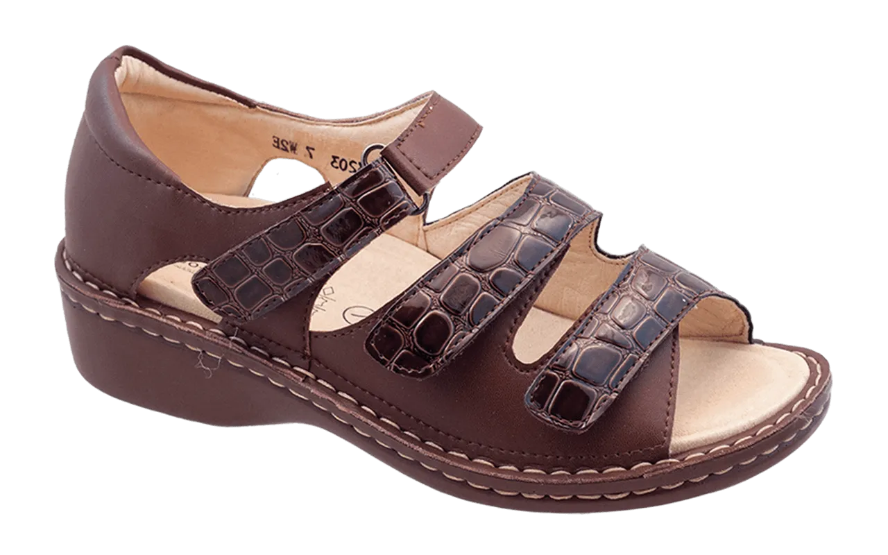  Andrea Velcro 3-strap Sandal in Brown Croc CLOSEOUTS  