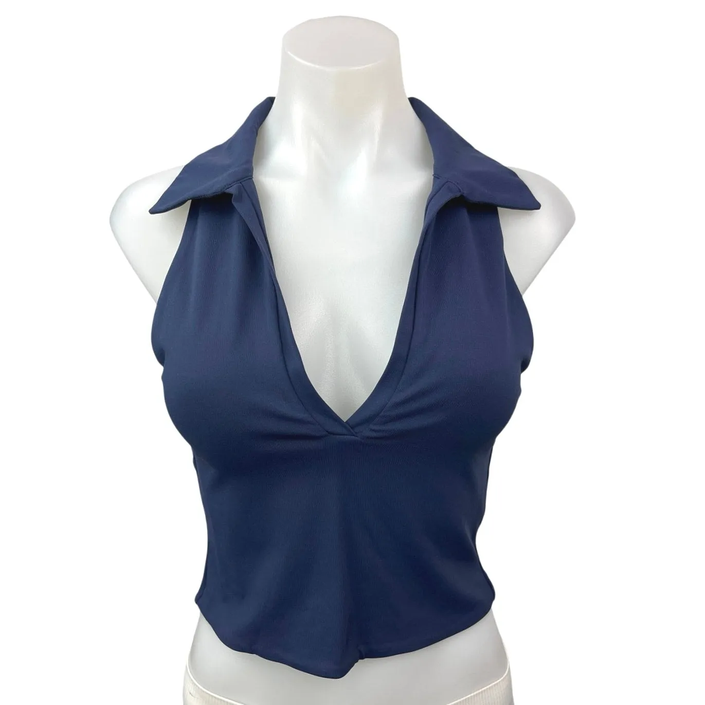 Aritzia Babaton Navy Blue Deep V Sleeveless Stretch Collared Polo Crop Top Sz M