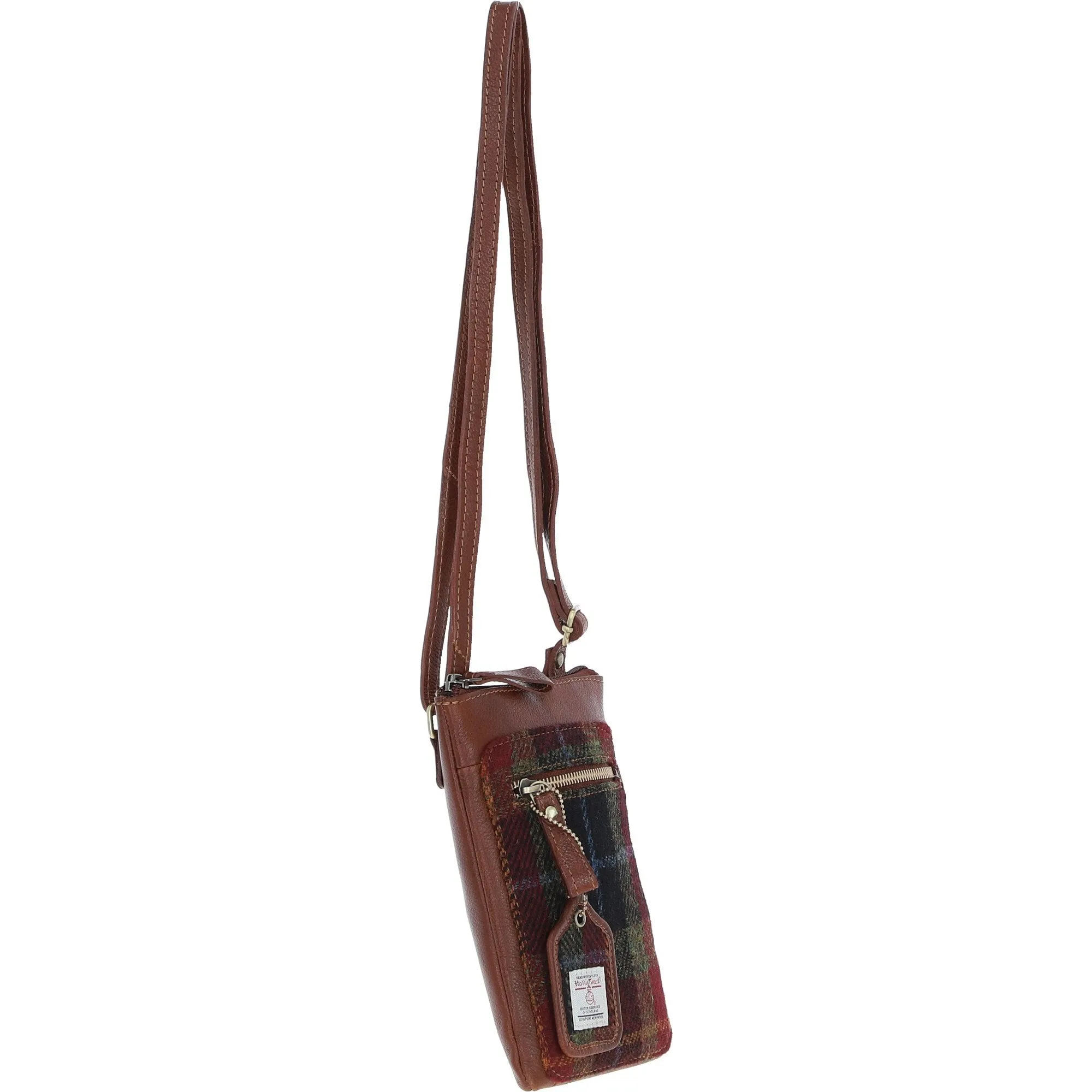 Authentic Ashwood Leather & Harris Tweed Crossbody Bag Tan/Green/Red: TW-29-08-TR