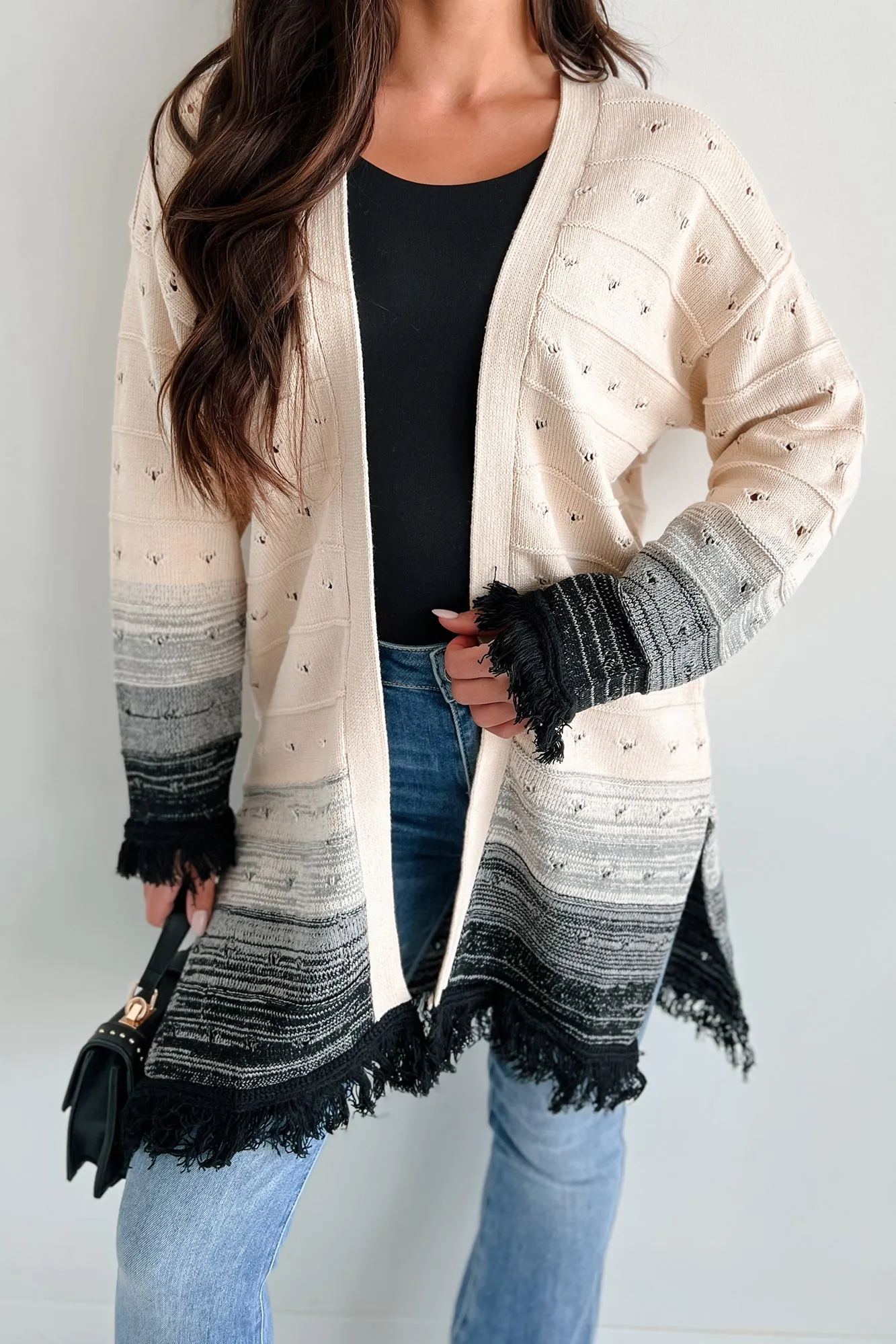 Autumn Weather Ombre Fringe Cardigan (Natural/Black)