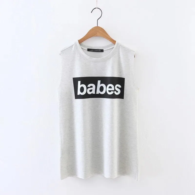 Babes Letter Print  New European Style Fashion Sleeveless T-shirts Plus Size Female T shirts Top O-neck Women t shirt 72590 SM6