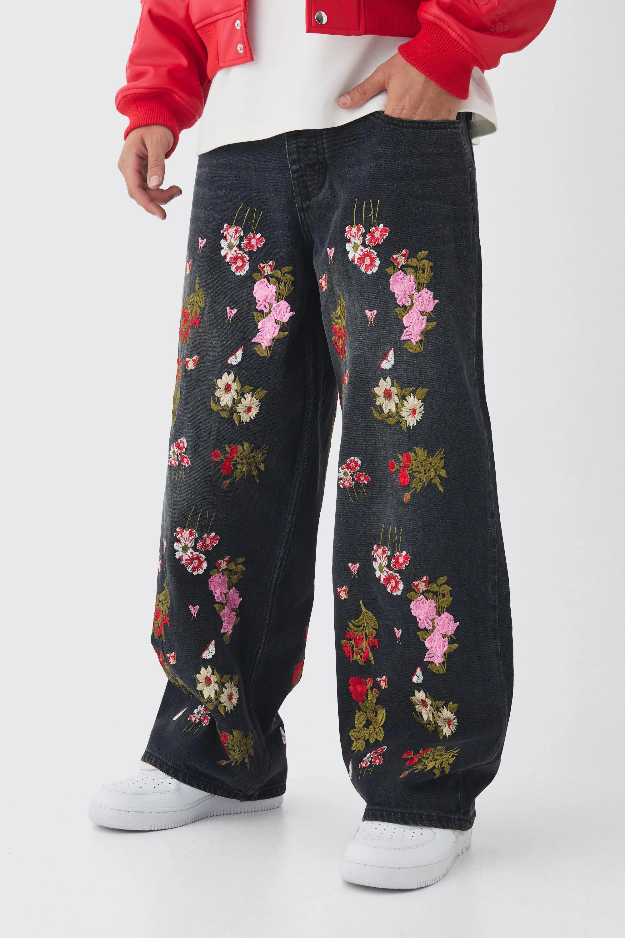 Baggy Fit Rigid Floral Embroidered Jeans