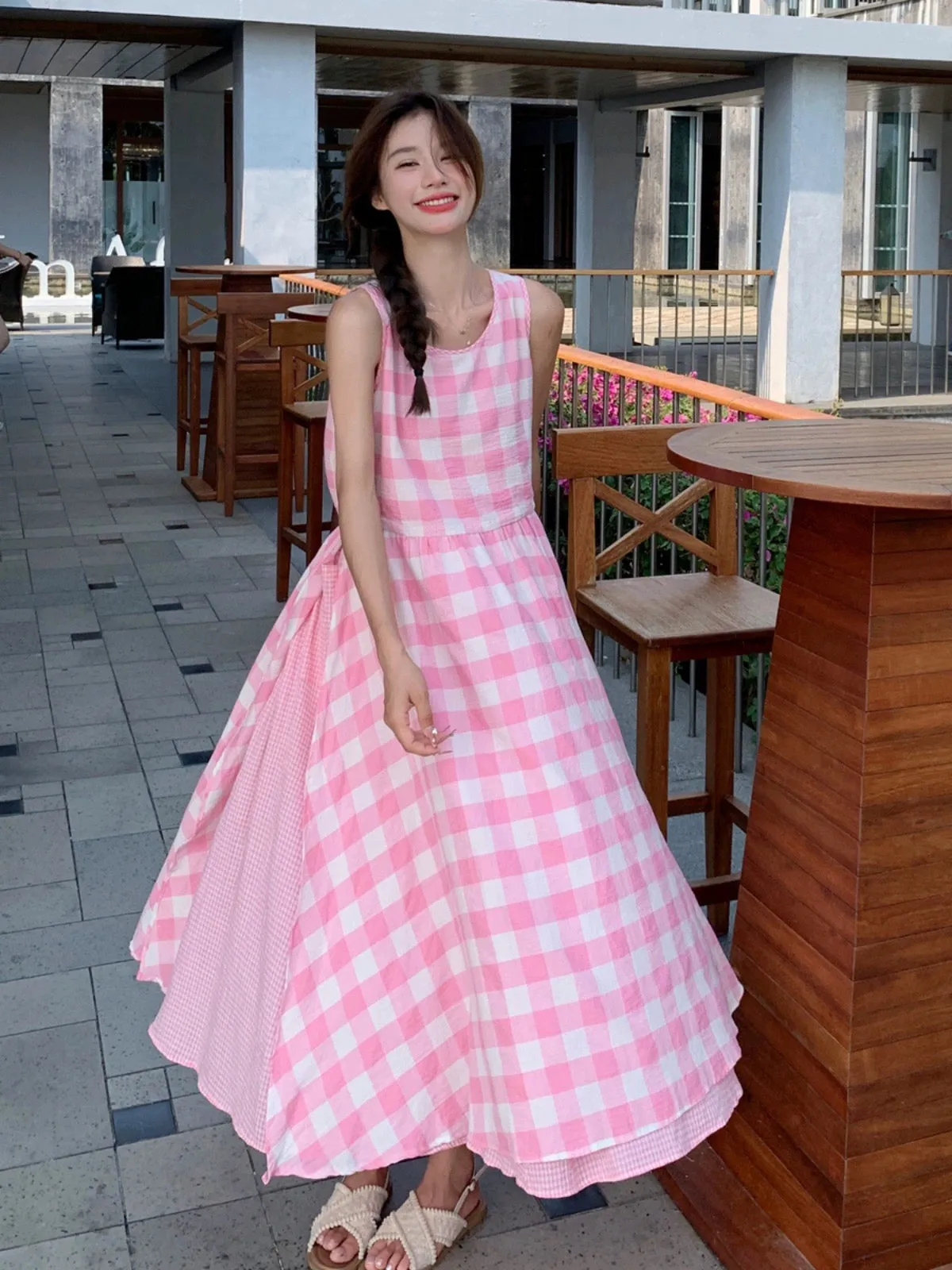 Beautiful breasts fufu pink plaid vest dress women summer 2024 new first love pure milk sweet loose long skirt