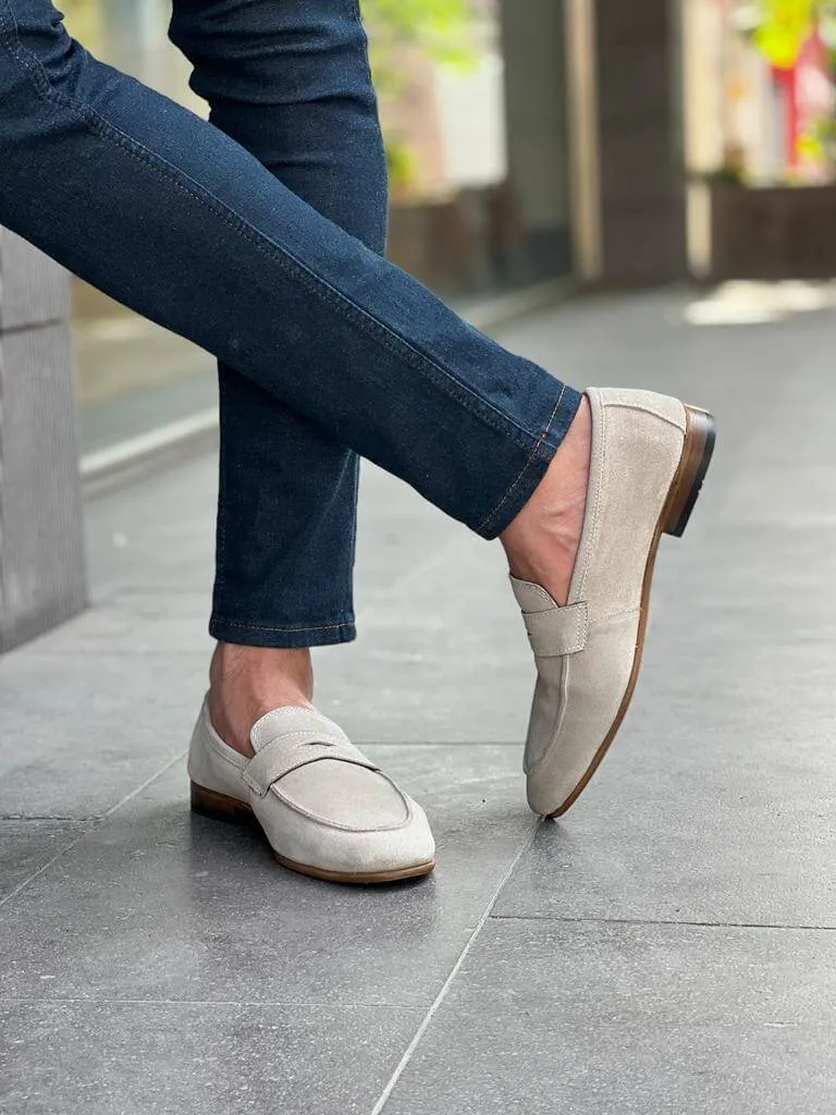 Beige Flat Suede Loafers