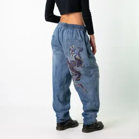 Blue Denim 90s Baggy Hip Hop Dragon Cargo Skater Trousers Pants Jeans (32x26)