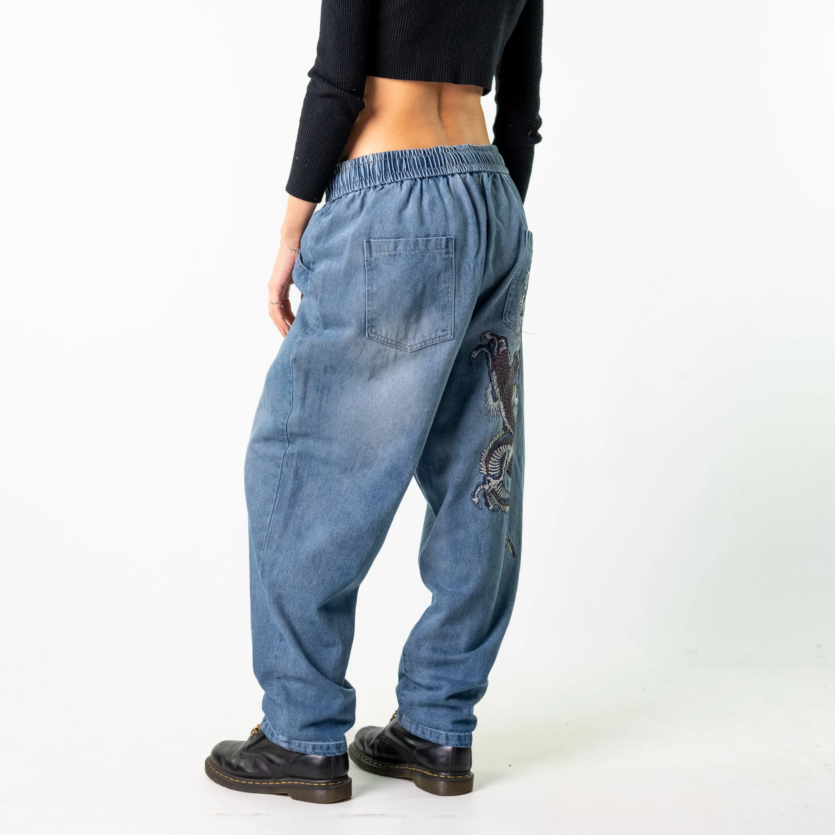 Blue Denim 90s Baggy Hip Hop Dragon Cargo Skater Trousers Pants Jeans (32x26)