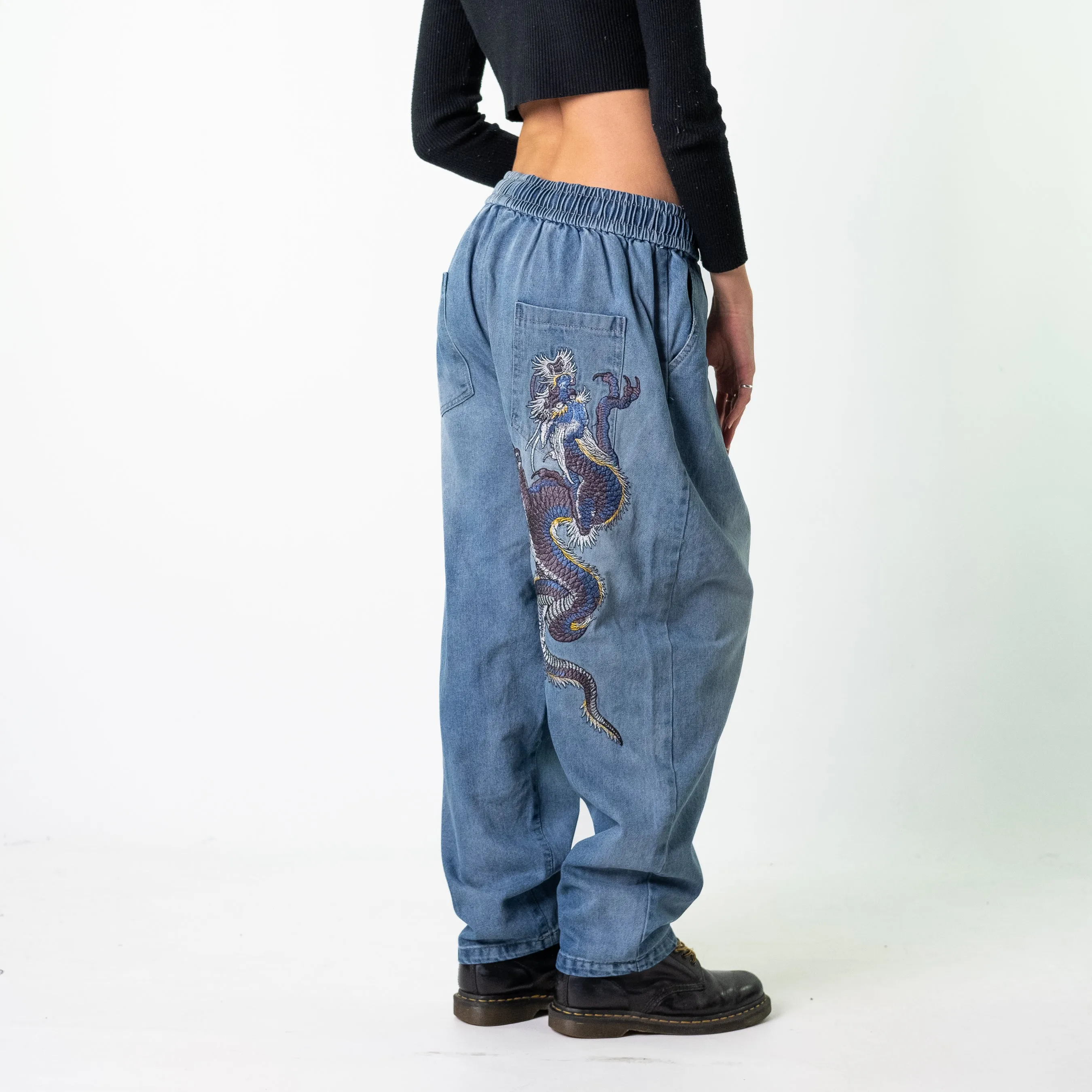 Blue Denim 90s Baggy Hip Hop Dragon Cargo Skater Trousers Pants Jeans (32x26)