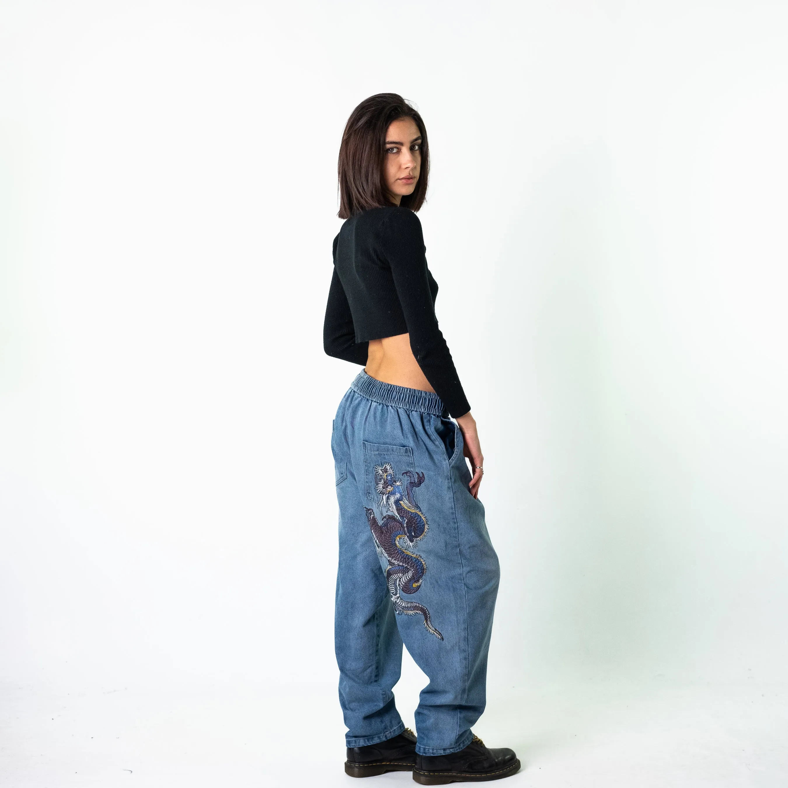 Blue Denim 90s Baggy Hip Hop Dragon Cargo Skater Trousers Pants Jeans (32x26)