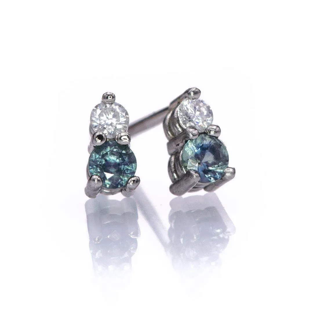 Blue-Green Montana Sapphire & Moissanite 14k white gold Stud Earrings, Ready to Ship