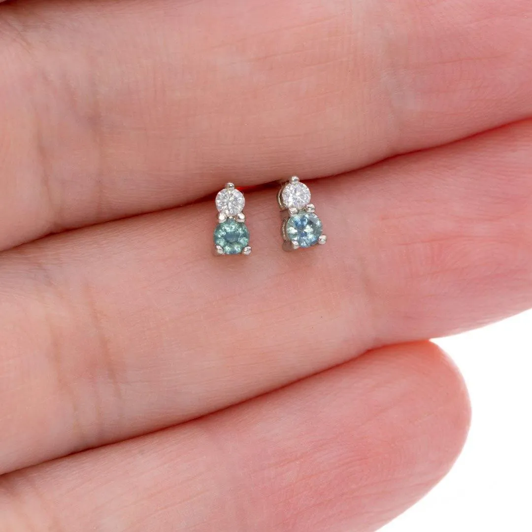 Blue-Green Montana Sapphire & Moissanite 14k white gold Stud Earrings, Ready to Ship