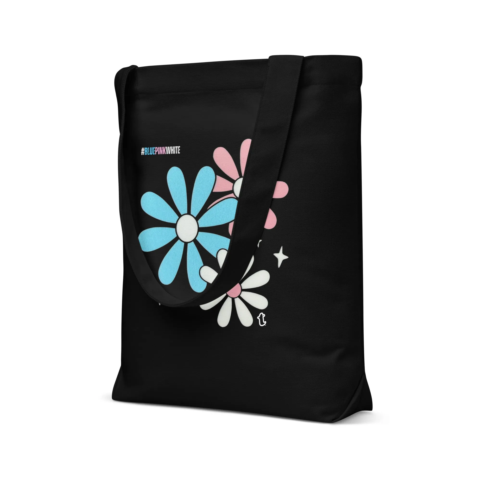 Blue Pink White Big Daisies Series Black Cotton Tote Bag