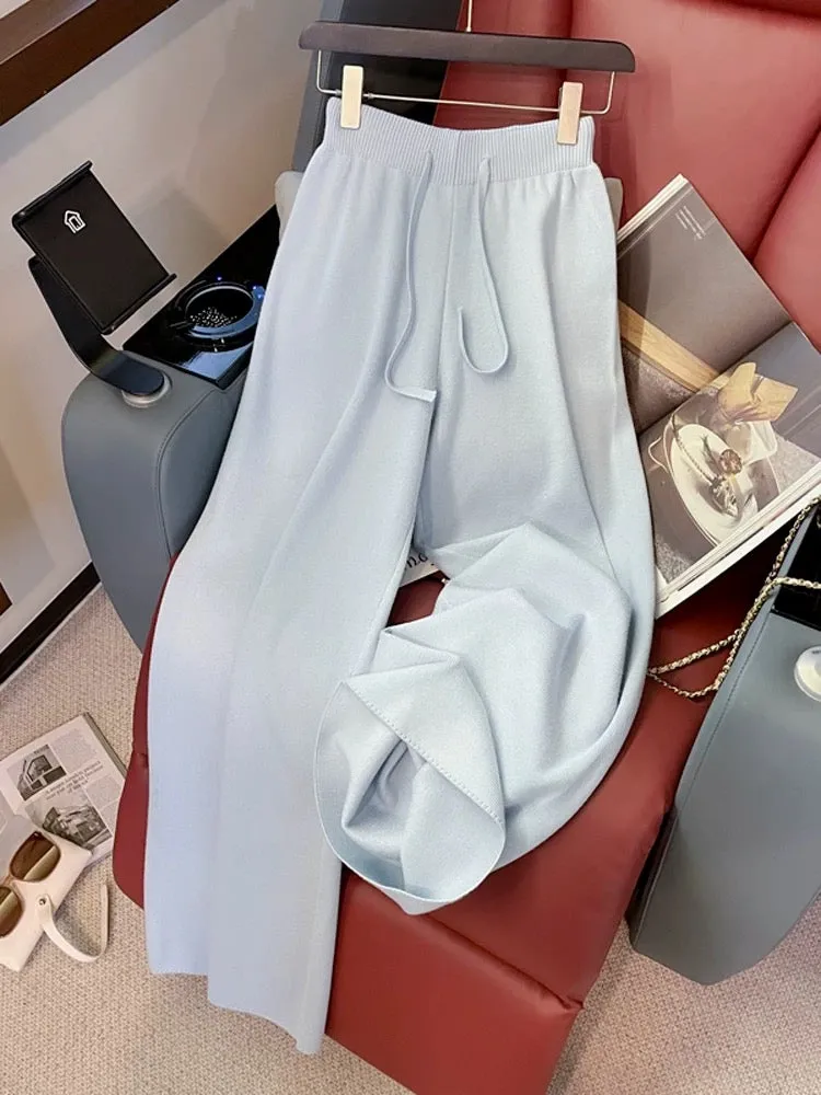 Blue Slim Knitted Casual Sports Suit Women's Spring and Autumn Fashion Age Reduction Vacation Two-piece Sweater Wide-leg Pants T