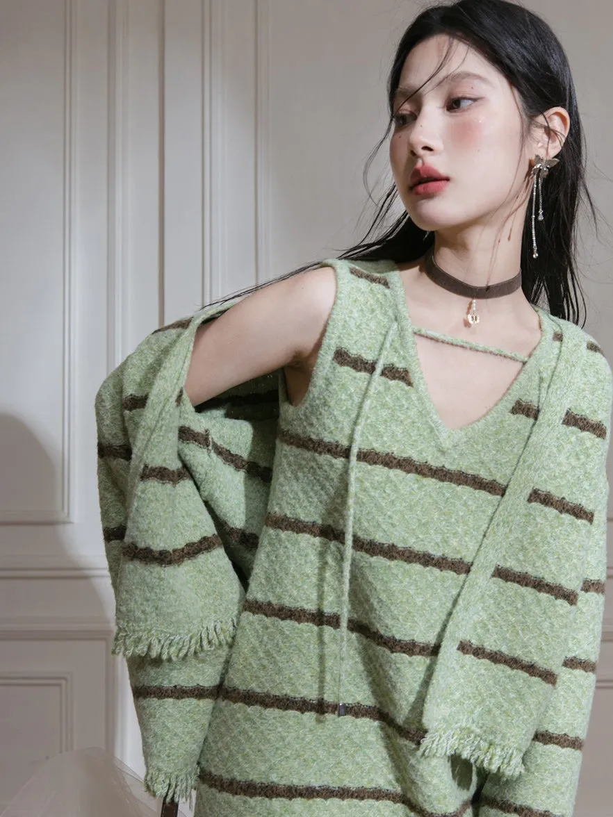 Border Fringe Design Knitted Cardigan & Sleeveless Dress Set-up