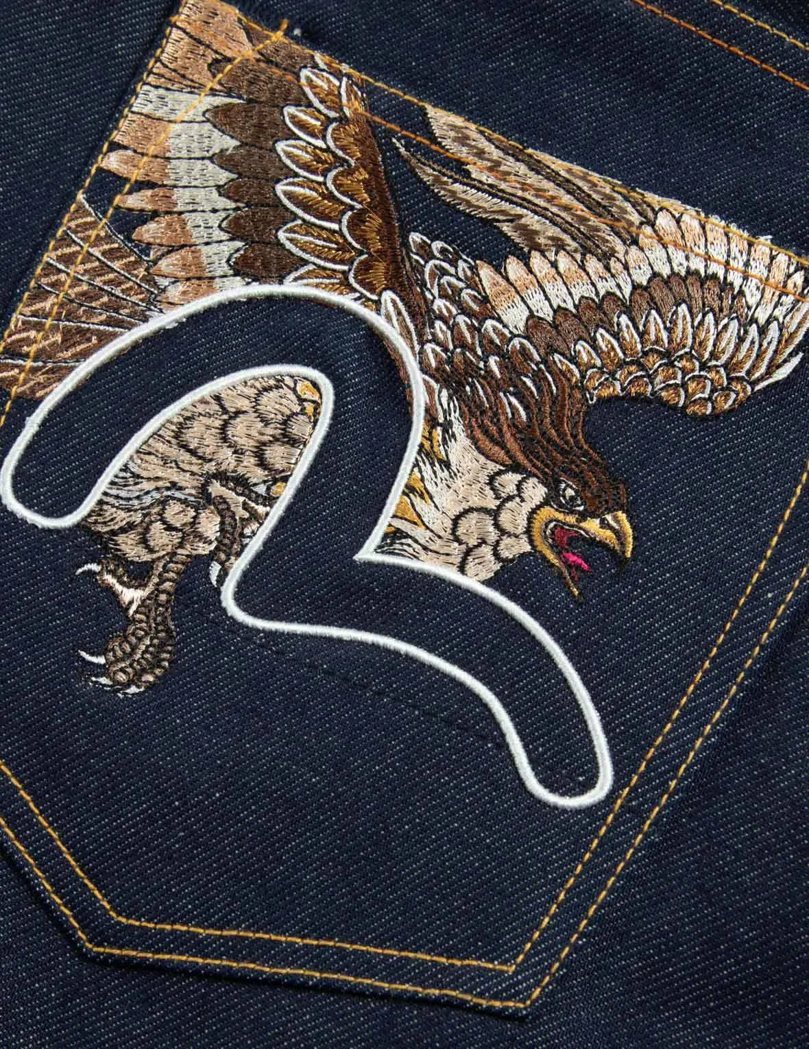 Brocade Kamon and Seagull Embroidery Slim-Fit Jeans #2010