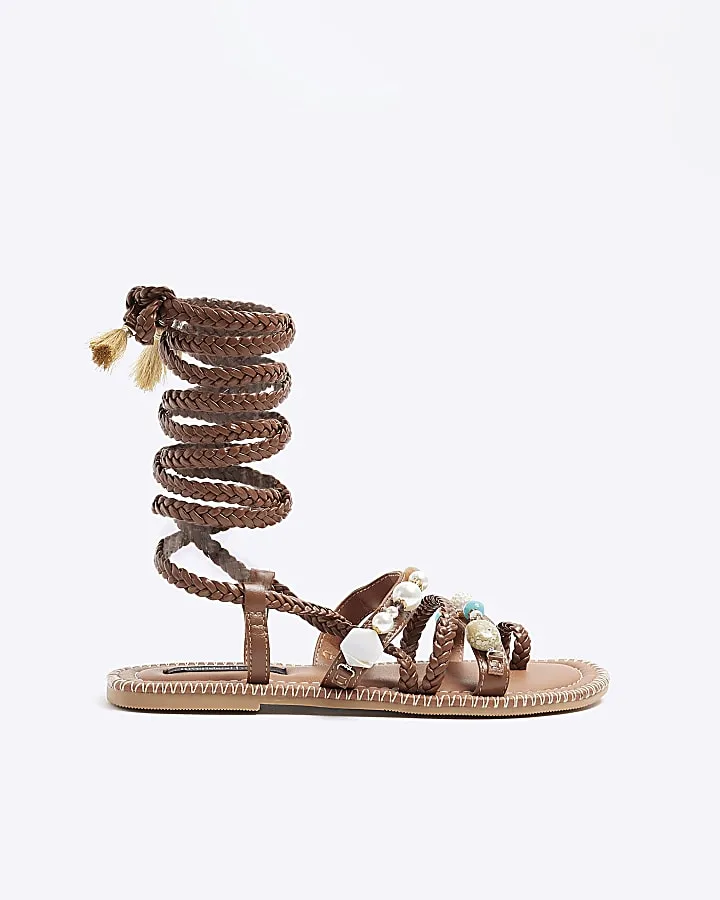 Brown Leather beaded tie up gladiator sandals