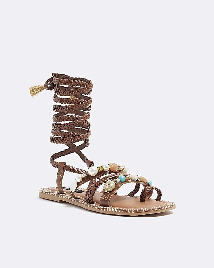 Brown Leather beaded tie up gladiator sandals