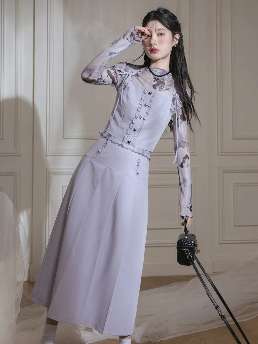 Butterfly Mesh Printed Bottoming Shirt ＋ Vest & Skirt Set-up