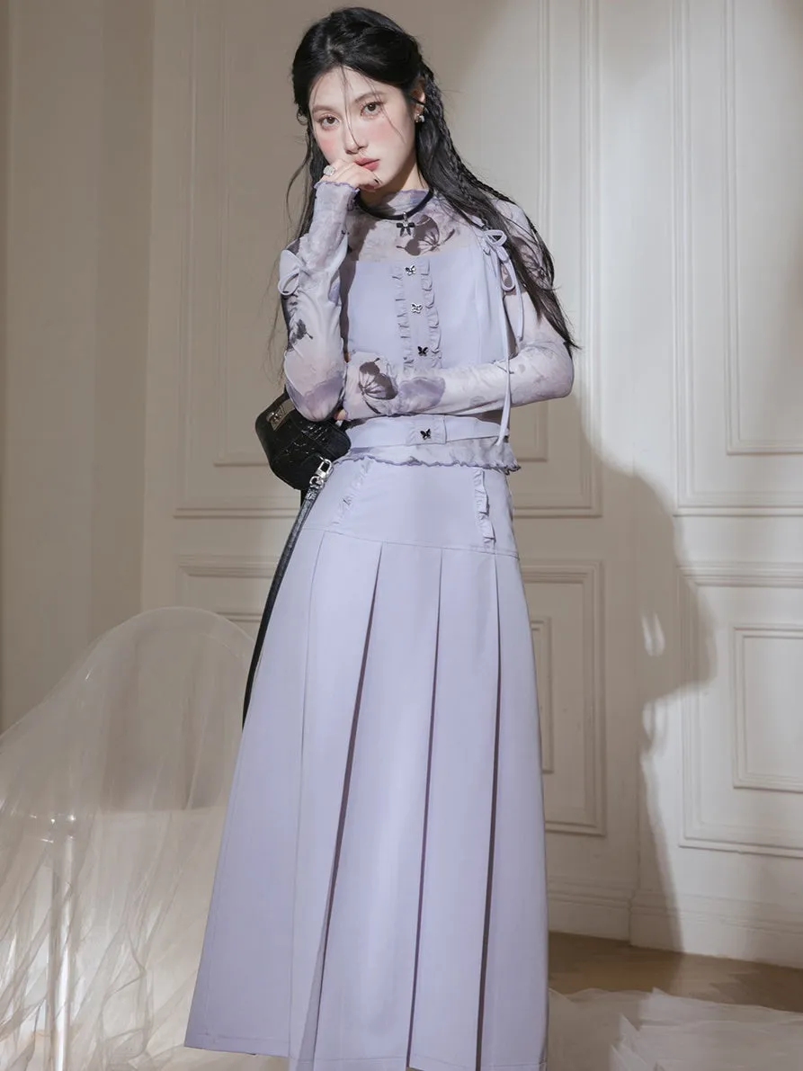 Butterfly Mesh Printed Bottoming Shirt ＋ Vest & Skirt Set-up