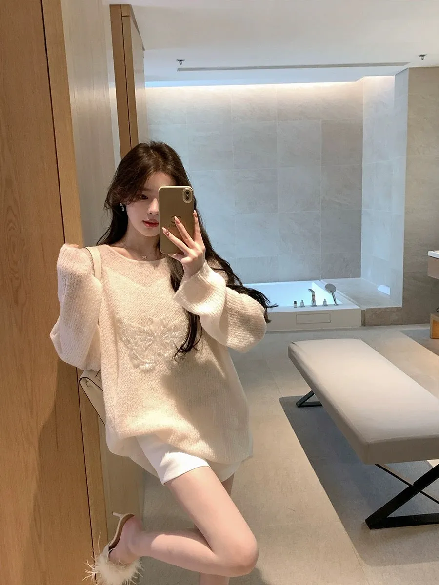 ByYou new 3D bead butterfly fairy apricot white mohair inner sweater women's loose bottoming sweater
