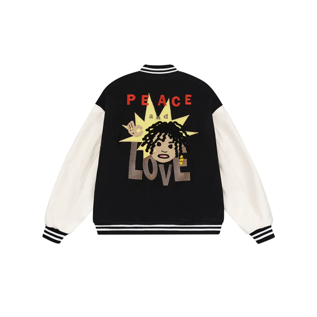 Cartoon Face Love Embroidered Varsity Jacket