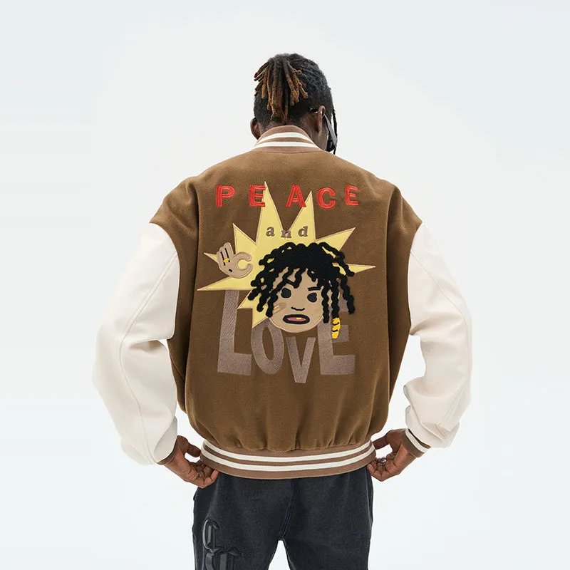 Cartoon Face Love Embroidered Varsity Jacket