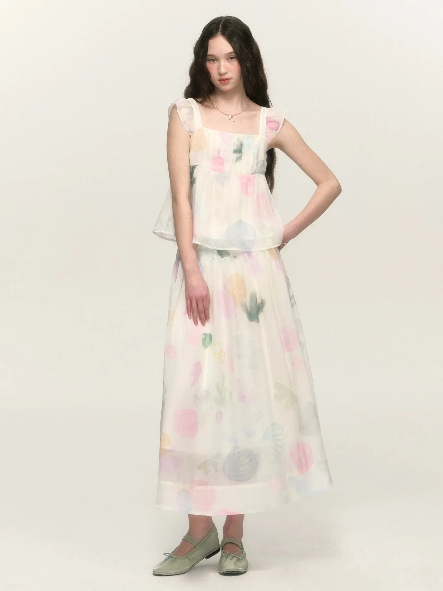 chummygirls x minglu original printed small flying sleeve vest suspender A-line pleated skirt suit