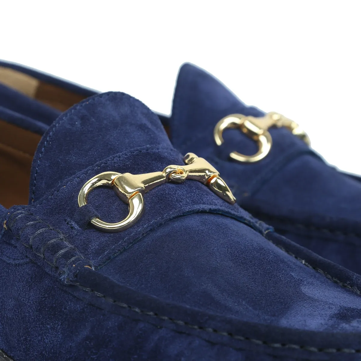 Chunky Sole Blue Loafers in Suede Leather With Horse-bit Buckle