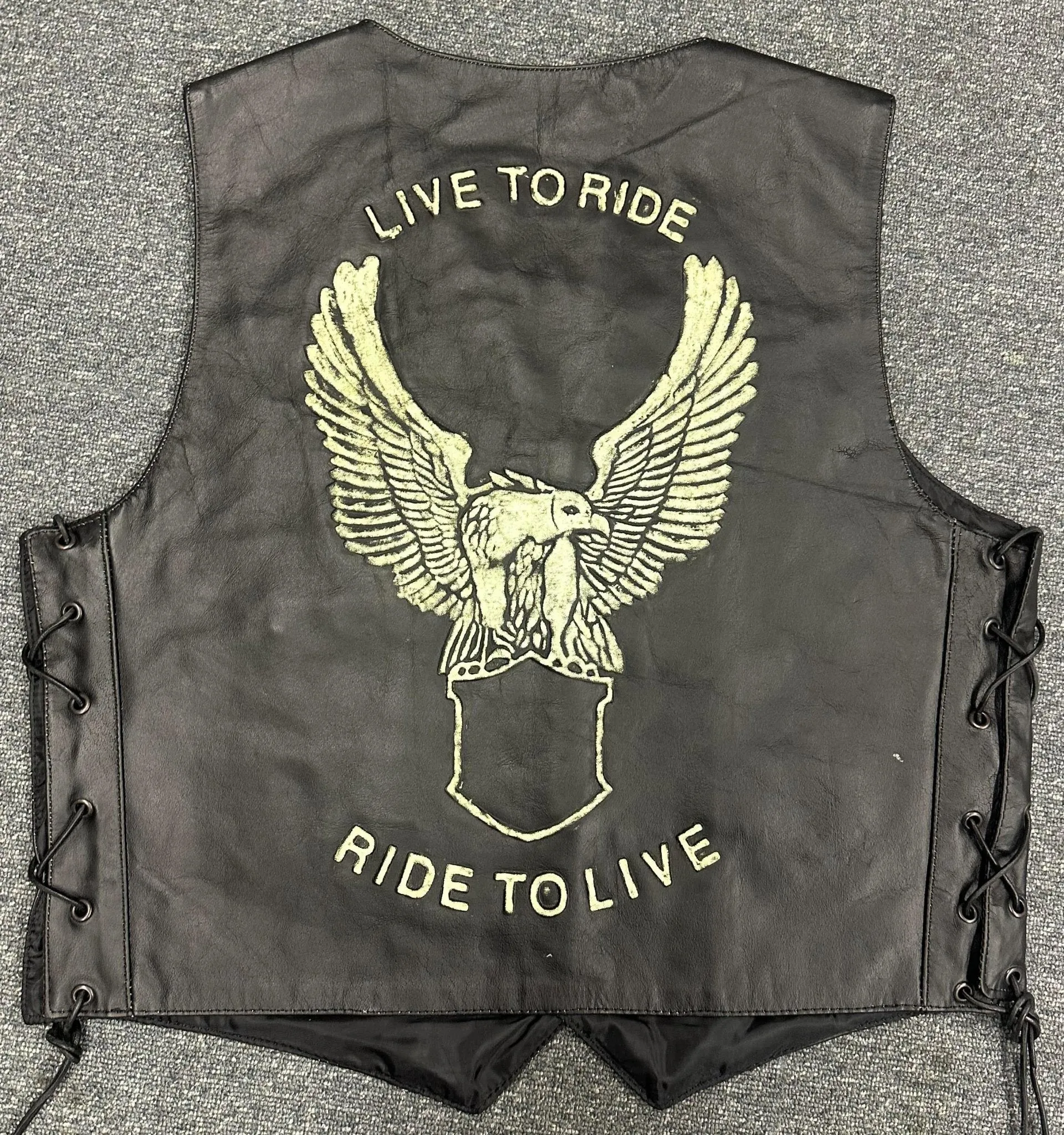 Classic Mens Black Eagle Embossed Leather Biker Vest M