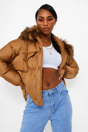 Coated Satin Faux Fur Trim Puffer Jacket