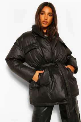 Coated Satin Wrap Detail Belted Puffer Jacket