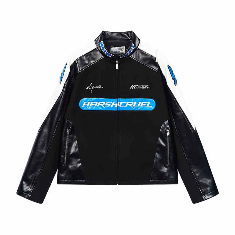 Colorblock Stitched Leather Racing Jacket