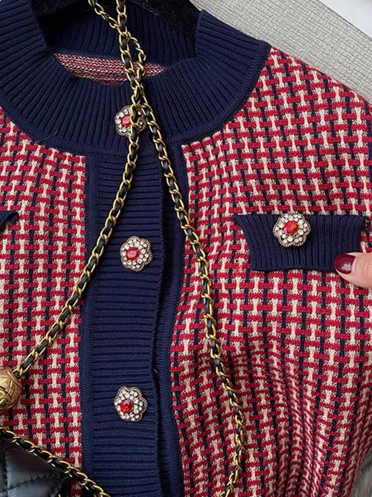 Cotton color European design niche round neck loose contrasting plaid short knitted cardigan sweater for women winter new style 