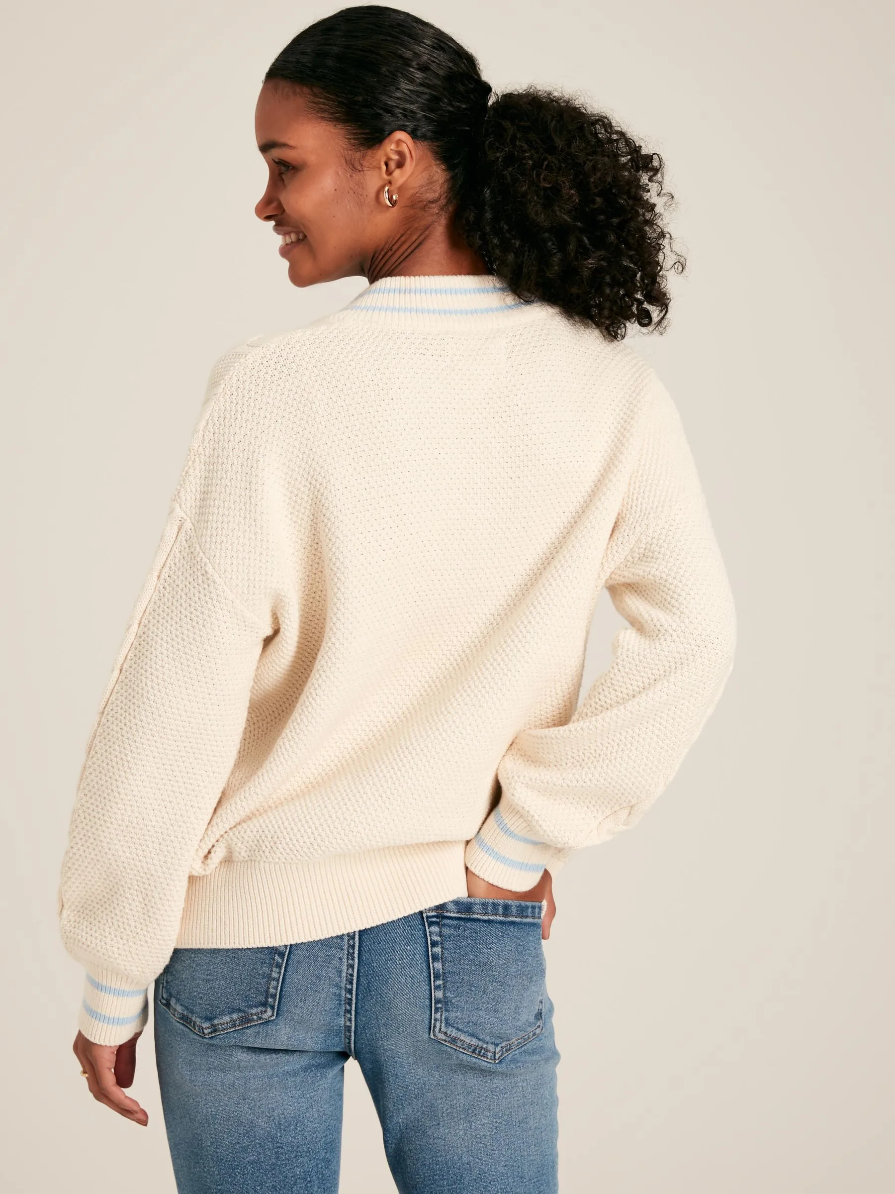 Cream & Blue Cable Knit Cricket Jumper