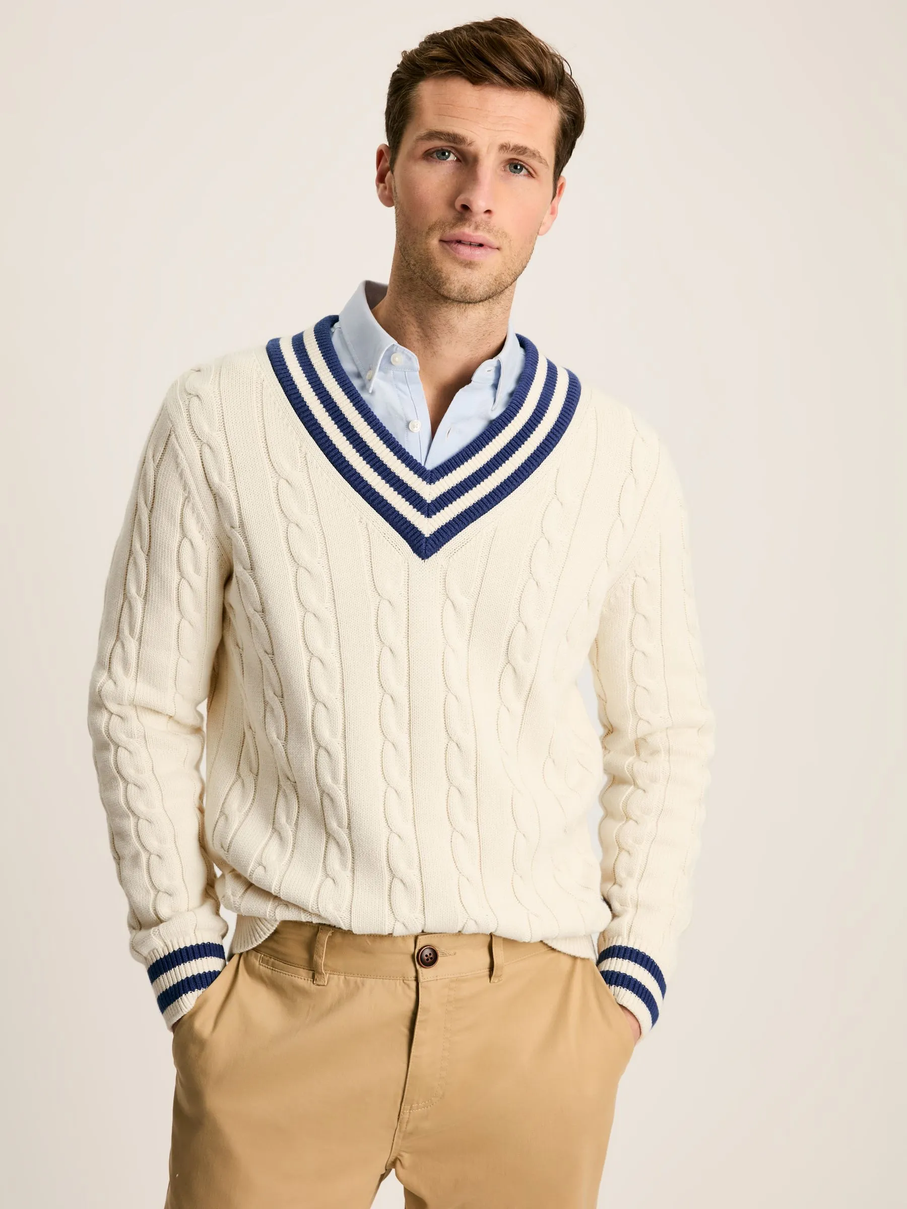 Cream Cable Knit V Neck Cricket Jumper