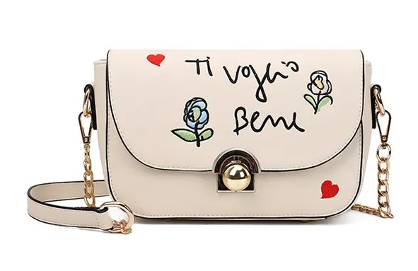 Cream Pink Red Black Heart Embroidery Gold Chain Cross Body Bag Handbag Purse