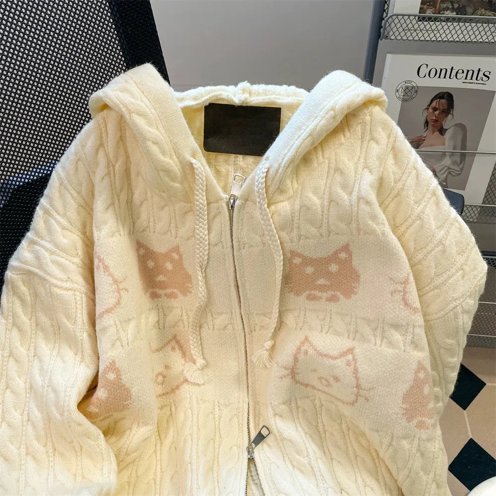 Creamy yellow cute cat hooded twist sweater for women spring and autumn loose Korean style sweet soft waxy knitted cardigan jack